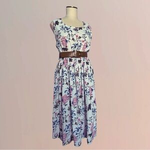 VINTAGE 90s White Sleeveless Floral MIDI Dress